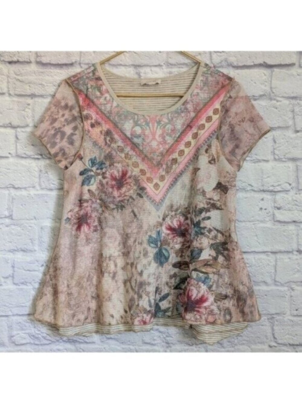 Sundance Ever Blooming Floral Mesh Layered Top S Overlay T Shirt Boho Striped